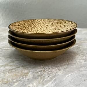 Thai Wax Resist MCM Pottery Shallow Bowls 6.5" Set Of 4 Brown & Tan Modern
